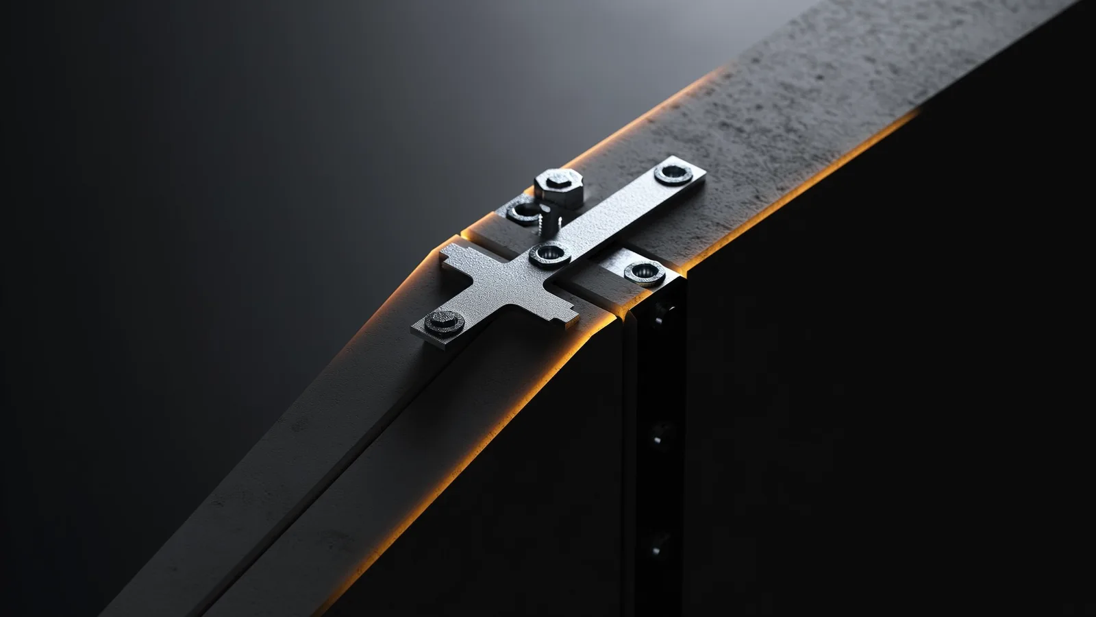 Extreme close-up of a structural steel node connection with bolted gusset plate meeting a concrete post-tension slab edge.
